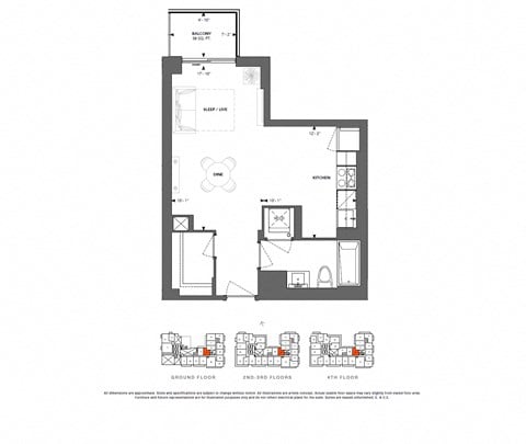 Floor plan for studio, 1 bath, 501 sqft